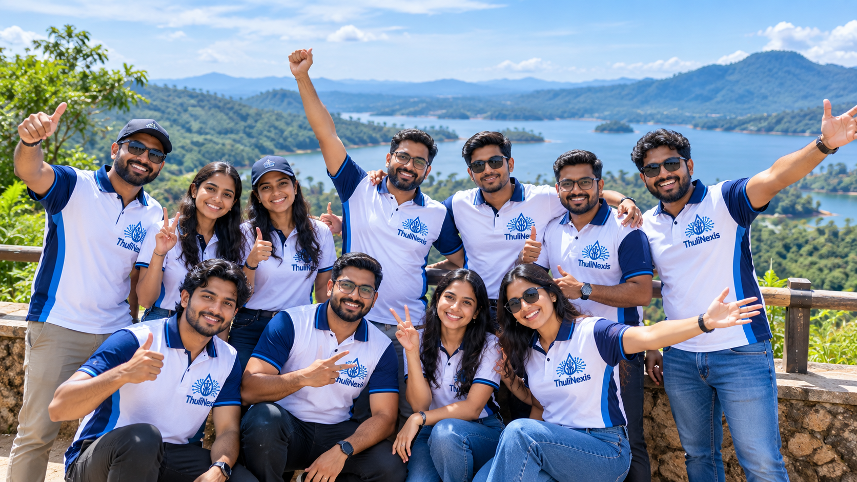 The ThuliNexis team together at a lakeside viewpoint in Sri Lanka