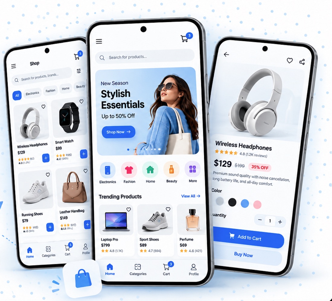 E-commerce App concept showing example screens for iOS & Android