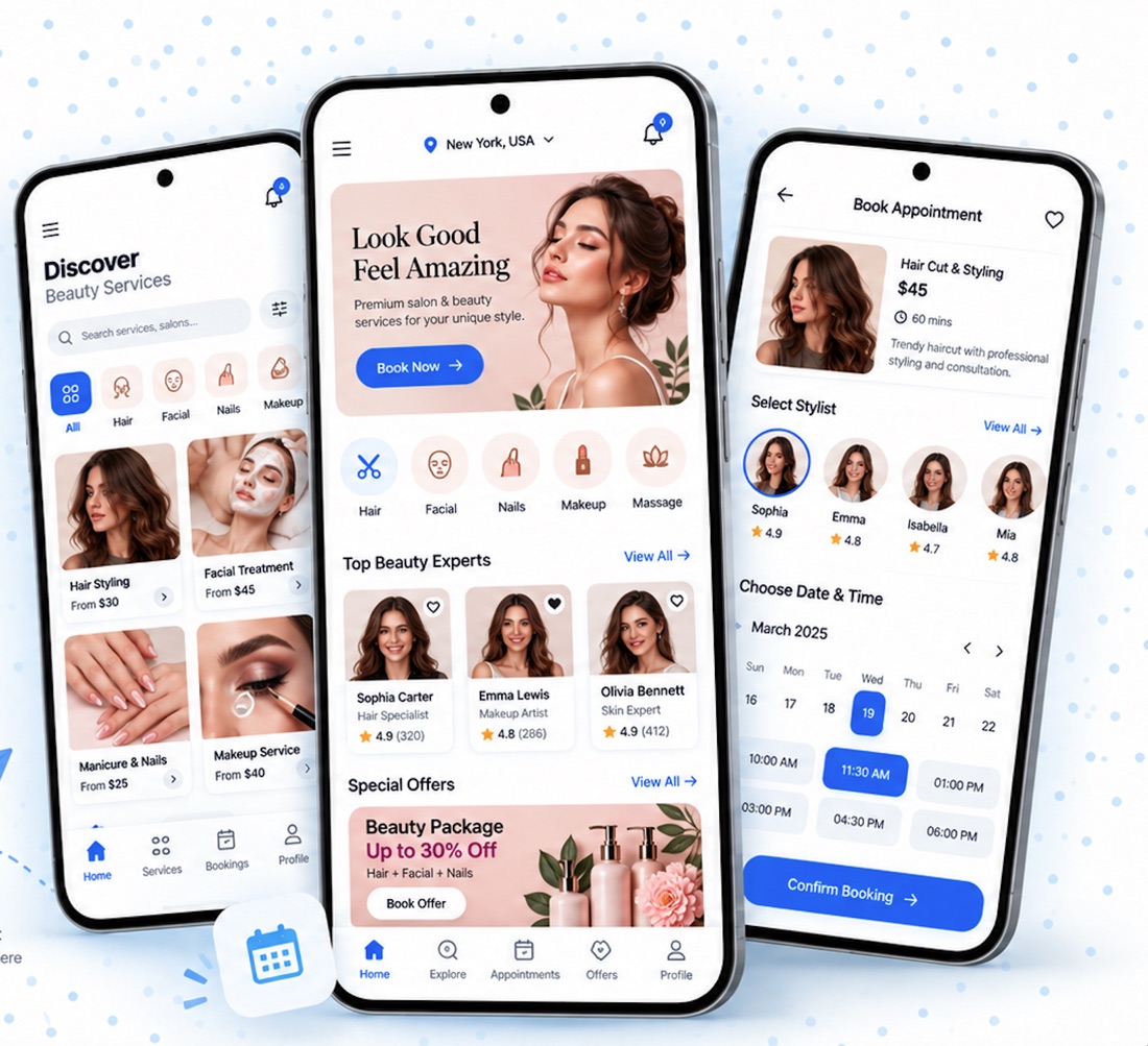 Salon & Beauty Booking App concept showing example screens for iOS & Android