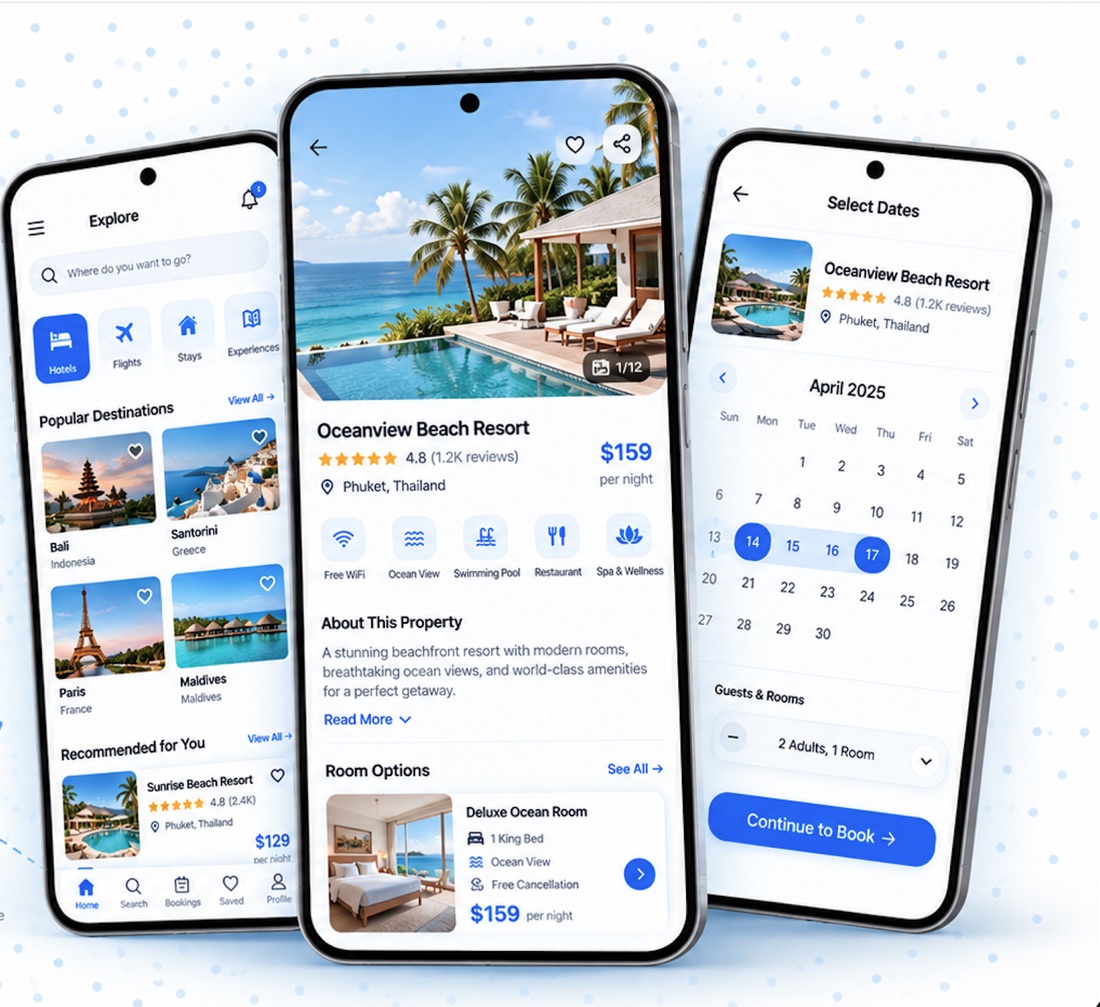 Travel & Hotel Booking App concept showing example screens for iOS & Android