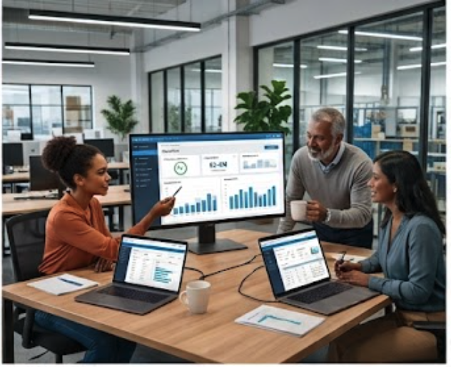 ERP Software in use with business software screens visible